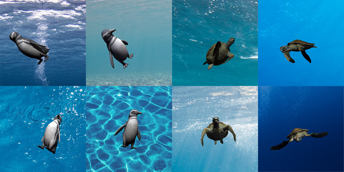 synthetically generate images of penguins and turtles swimming