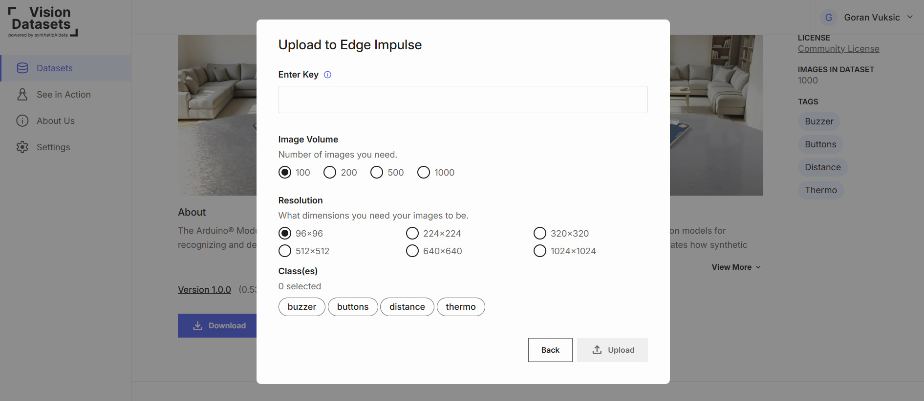 Upload to Edge Impulse dialog for the Arduino® Modulino™ dataset Upload to Edge Impulse dialog for the Arduino® Modulino™ dataset