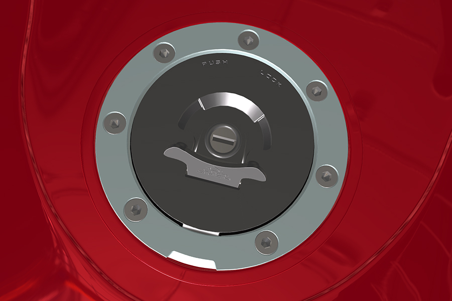 Motorcycle fuel tank cap with material variation Motorcycle fuel tank cap with material variation